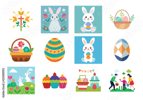 Set of Easter design elements. Easter Sunday Eggs, chicken, butterfly, rabbit, tulips bundle