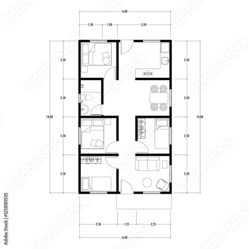 Black and White floor plan of a modern unfurnished house for your design. Suburban house vector blueprint. Architectural background. eps 10
