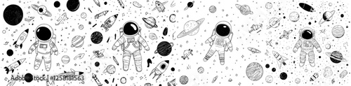 Seamless pattern background: Astronaut in Space kids' hand drawing set illustration isolated on white background