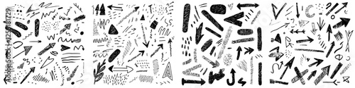 A VECTOR collection featuring hand-drawn sketched design elements in black and white, encompassing various shapes