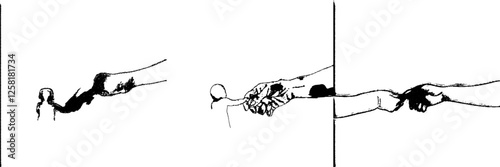 Continuous line drawing of a baby's hand on a parent's hand, symbolizing a simple and joyful family bond between adults and children, representing paternal love or the transition to a new generation