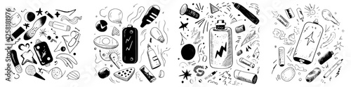 A hand-drawn battery element icon doodle was created on the tablet: modern illustration
