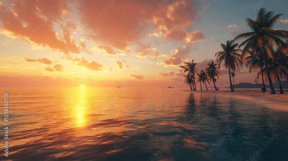 Vibrant sunset over tranquil ocean with palm trees lining the shore on a warm evening. Generative AI