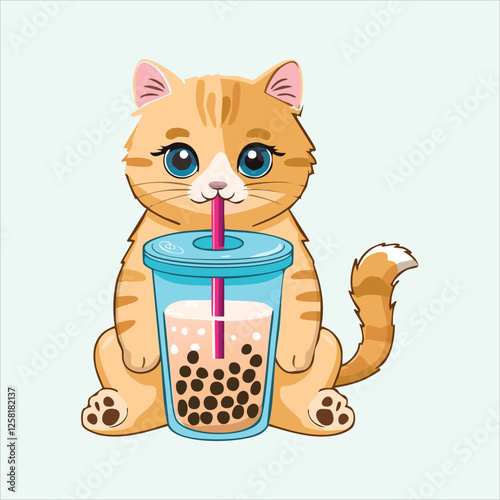 Fluffy kitten sipping bubble tea through a giant straw