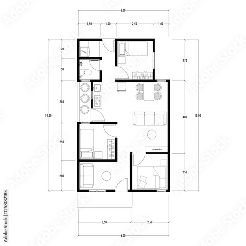 Black and White floor plan of a modern unfurnished house for your design. Suburban house vector blueprint. Architectural background. eps 10