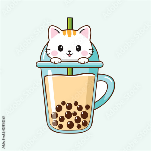 Adorable Chibi cat inside a bubble tea cup, peeking out with big eyes