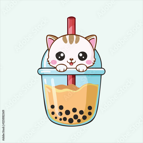 Adorable Chibi cat inside a bubble tea cup, peeking out with big eyes