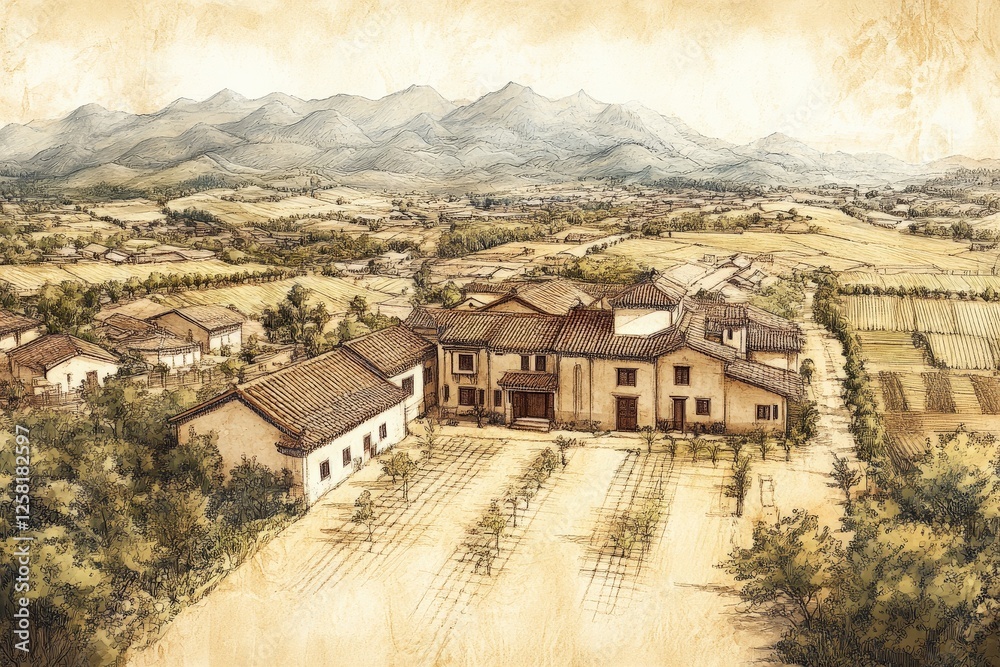 Obraz premium Mountainous landscape featuring rural buildings and vineyards in a serene countryside setting