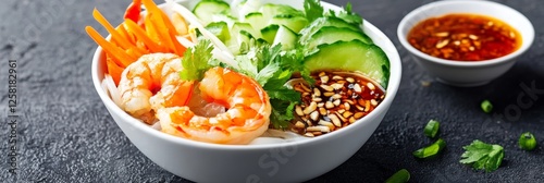 Fresh Vietnamese Goi Cuon Bowl with Shrimp and Vegetables - A vibrant and healthy Vietnamese Goi Cuon bowl featuring succulent shrimp, crisp vegetables photo