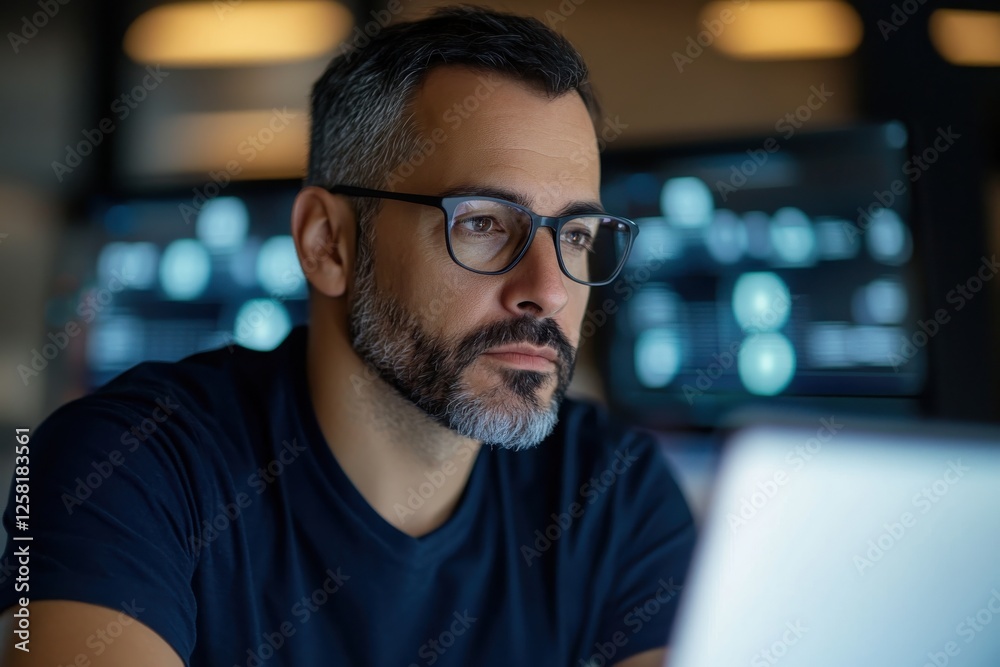 A focused man with glasses intently works on a laptop in a modern office setting, surrounded by digital displays and analyzing data in a sophisticated environment. A focused man with glasses intently works on a laptop in a modern office setting, surrounded by digital displays and analyzing data in a sophisticated environment.