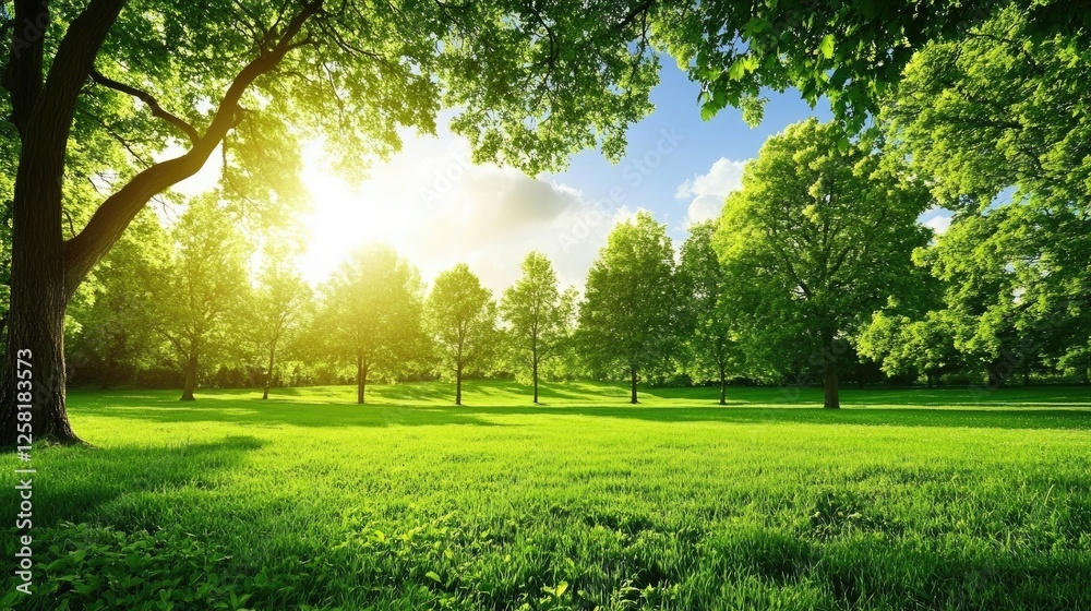 Green field with scattered trees under a bright sky Green field with scattered trees under a bright sky