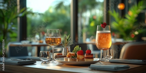 Fototapeta Naklejka Na Ścianę i Meble -  Sunset Cocktails and Appetizers at a Tropical Restaurant