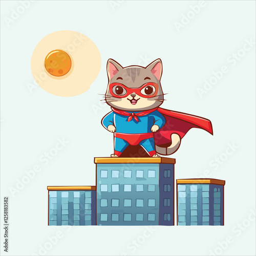 Kawaii cat striking a superhero pose on top of a building