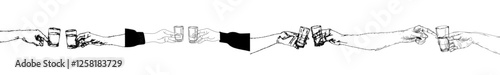 Three hands clinking shot glasses filled with alcohol, modern sketch, hand-drawn illustration, isolated in black and white