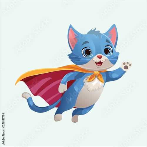 Cute superhero cat flying with a tiny cape in the wind