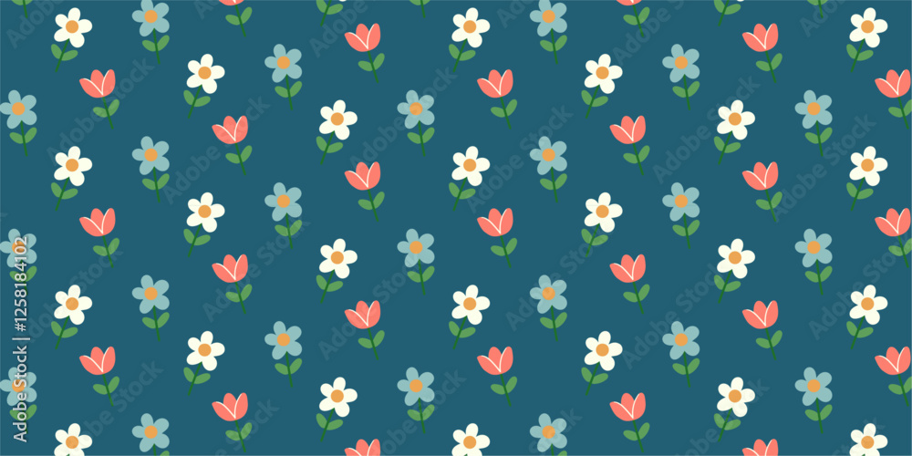 Fototapeta premium Seamless transparent vector floral pattern with simple flowers, editable background for textile, packaging, and prints