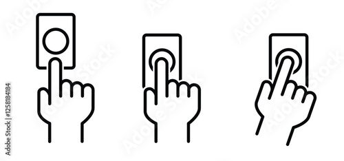 Hand Gesture. Touch or pointing hand to door bell. Finger pressing, pushing or pointing at wall bell. Calling, ringing the doorbell. Hand push or pressed the bell button at the front door.