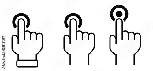 Hand cursor, click, touch here button. Pointing hand to door bell, trigger switch. Finger pressing, pushing or pointing. Hand push or pressed the button. Fingerprint, gesture scanning.