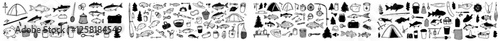 A set of hand-drawn fishing tools and accessories doodles. It includes camping worms, clothing, buckets, fishes, and a bonfire lamp, ideal for fishing and nature hobbies on a transparent background