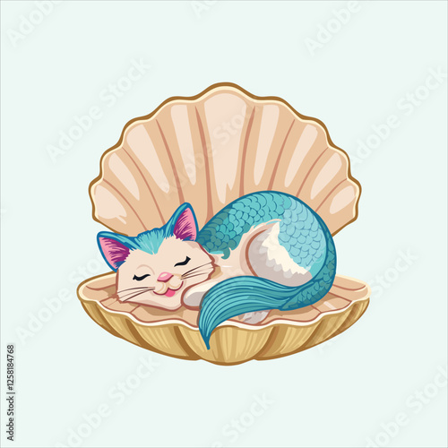 Mermaid cat sleeping inside an open clamshell