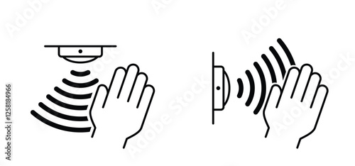 Hand sensor, motion sensor. Safety, security surveillance video camera eye, cctv alert. Attention, motion detector infrared. Radio frequency Alarm system. Сontactless, sensor waves signal. 