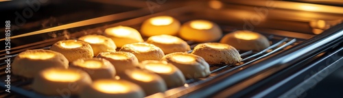 Warm, freshly baked cookies cooling in an oven's gentle light. photo