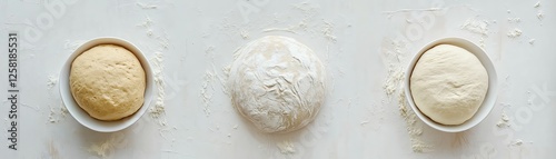 Three bowls of different types of dough on a white surface.