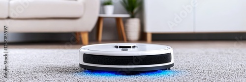 Robotic Vacuum Cleaner Cleaning Carpet at Home - Smart home cleaning, allergen removal, efficient technology, automated cleaning photo