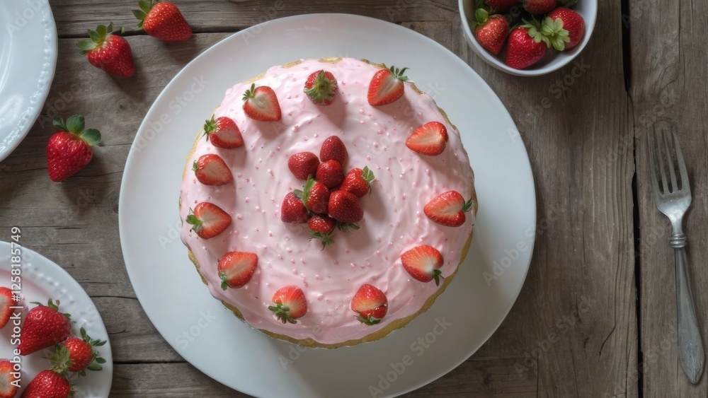 Top view of a vanilla sponge cake with delicate pink glaze, beautifully decorated with fresh strawberries. A perfect dessert for celebrations, weddings, and special occasions, evoking sweetness Top view of a vanilla sponge cake with delicate pink glaze, beautifully decorated with fresh strawberries. A perfect dessert for celebrations, weddings, and special occasions, evoking sweetness