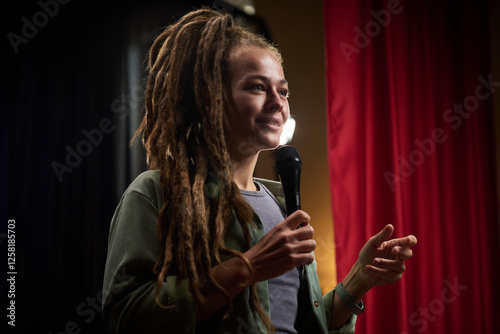 Person with long hair speaking into microphone under spotlight with genuine expression. Standing next to red curtain on stage