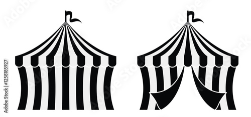 black circus tent with flags. Awning, canopy and flag sign. Carnival tent. Striped canopy shop. Outdoor sunshade. Attraction with fun show, artists, tame animals performing in a circus theater.  