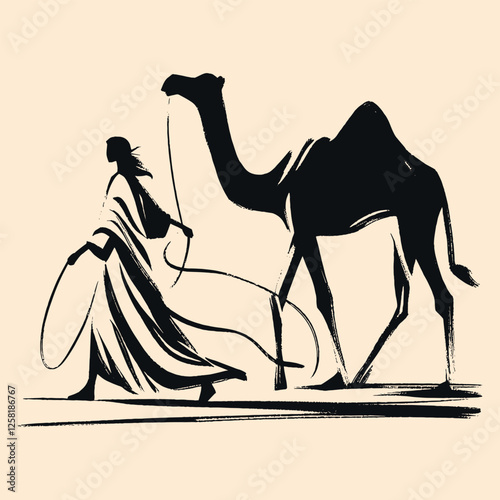 Minimalistic hand-drawn silhouette of a woman leading a camel in the desert