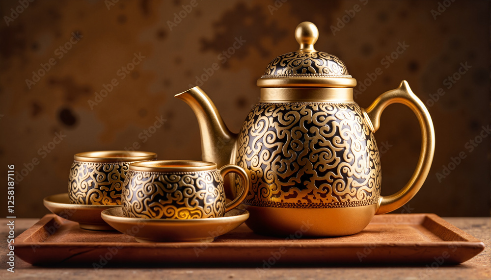 Decorative golden teapot and cups on a wooden tray for blogs, websites, culinary articles, tea-themed designs, stationery, invitations, and cultural presentations