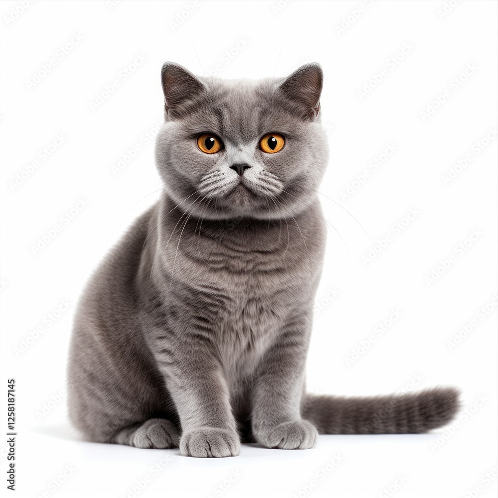 Obraz premium Grey british shorthair cat resting elegantly on pristine white backdrop, highlighting plush fur and striking orange amber gaze