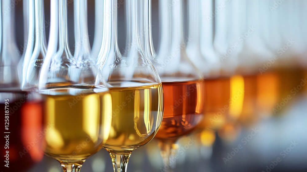 Variety of colorful drinks in elegant glasses lined up on a bar. Variety of colorful drinks in elegant glasses lined up on a bar.