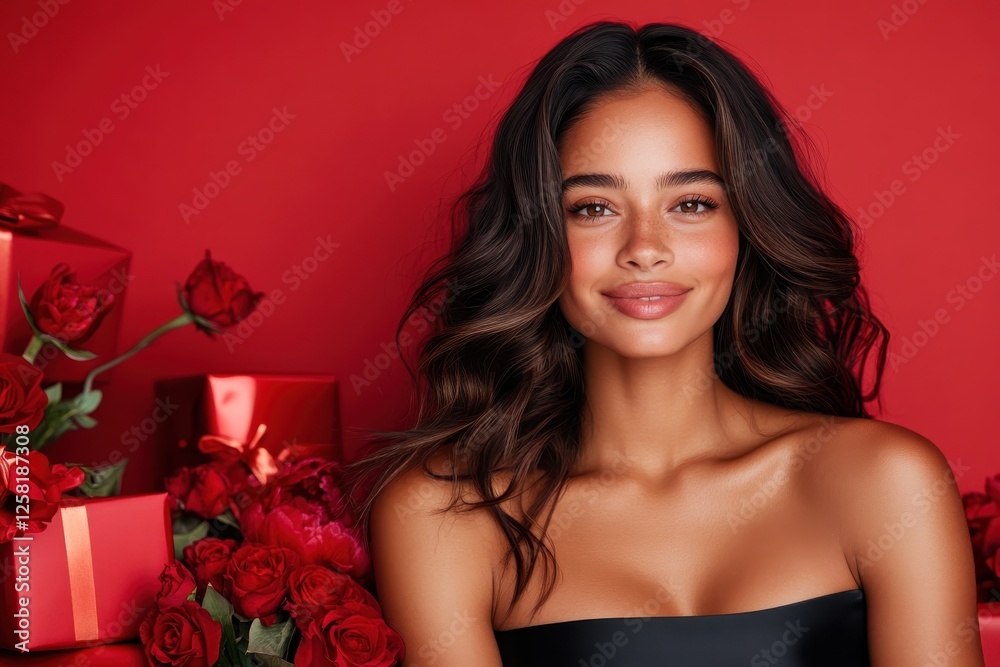 A smiling woman dressed in black, surrounded by beautiful red roses and gift boxes on a striking red background, highlights feelings of love and celebration. A smiling woman dressed in black, surrounded by beautiful red roses and gift boxes on a striking red background, highlights feelings of love and celebration.