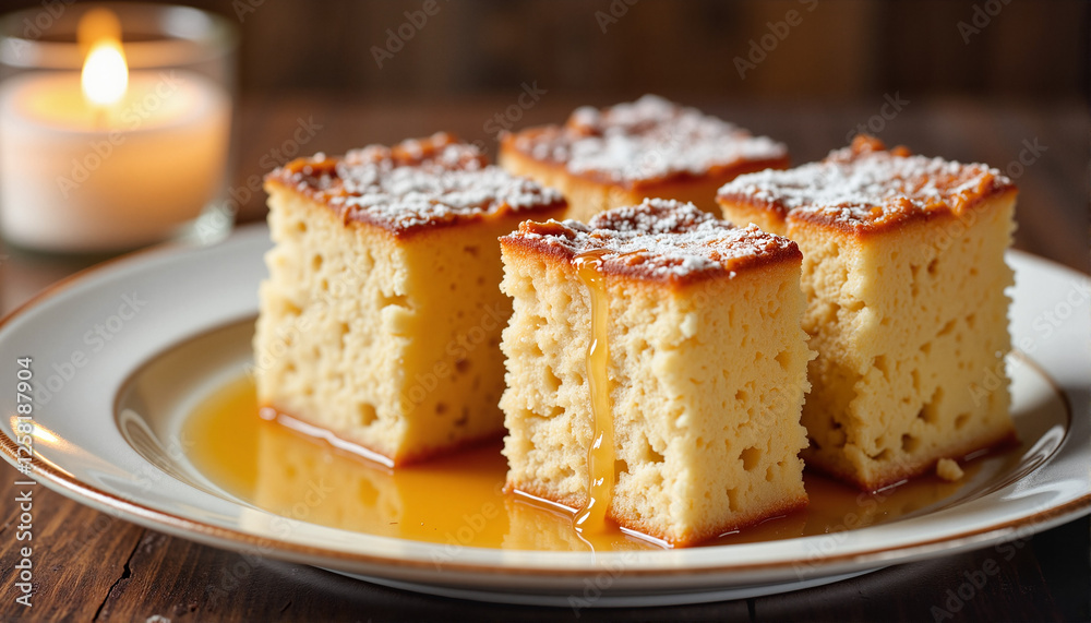 Delicious cake slices drizzled with syrup on a rustic table with candlelight for food blogs, recipe websites, culinary presentations, and dessert-themed greeting cards Delicious cake slices drizzled with syrup on a rustic table with candlelight for food blogs, recipe websites, culinary presentations, and dessert-themed greeting cards