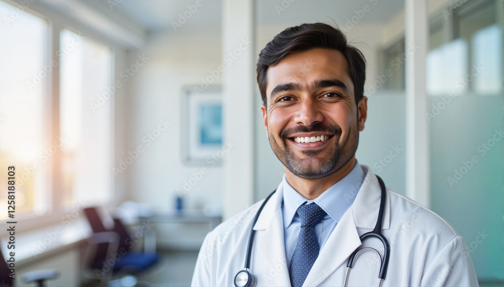Smiling indian doctor in white coat expressing confidence in a bright office for healthcare websites, blogs, medical presentations, educational materials, and professional networking Smiling indian doctor in white coat expressing confidence in a bright office for healthcare websites, blogs, medical presentations, educational materials, and professional networking