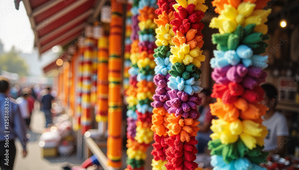 Fototapeta premium Colorful flower garlands at a market for blogs, websites, cultural celebrations, greeting cards, decorative designs, and festive occasions to create vibrant atmospheres