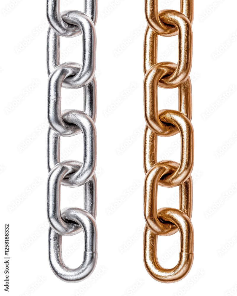 Obraz premium Metallic chains in silver and bronze colors linked together on a white background for industrial design use