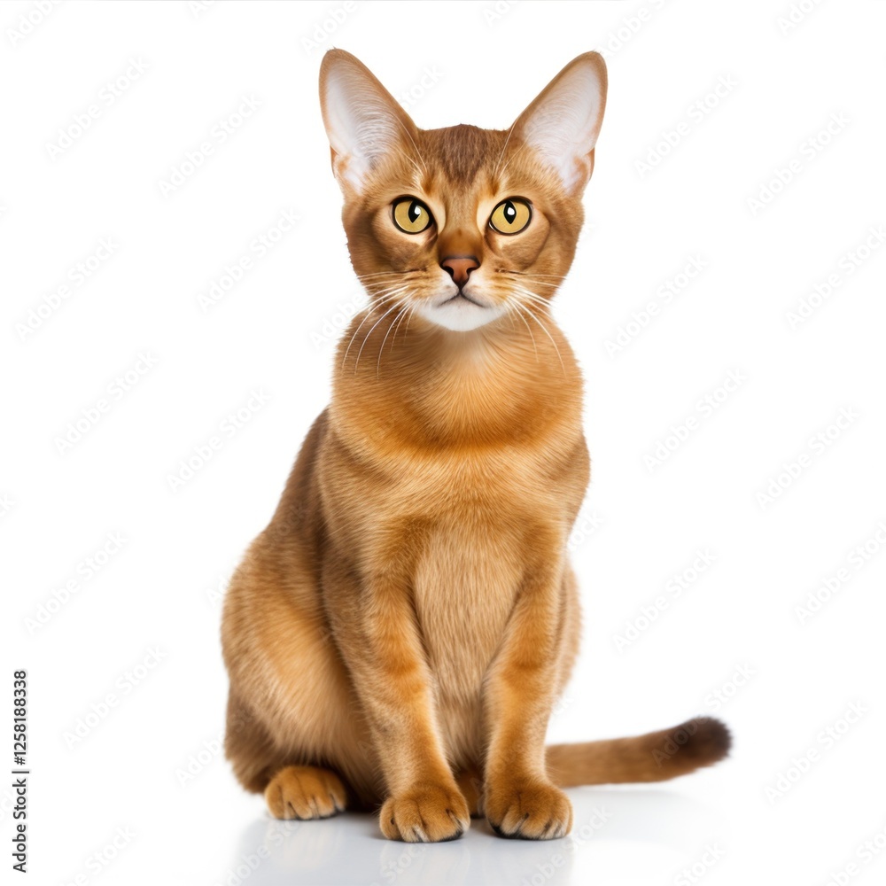 Fototapeta premium Ruddy abyssinian purebred feline perching elegantly, showcasing sleek copper colored coat and alert gaze against pristine studio backdrop