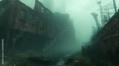 Foggy Alleyway Amidst Ruined Brick Buildings