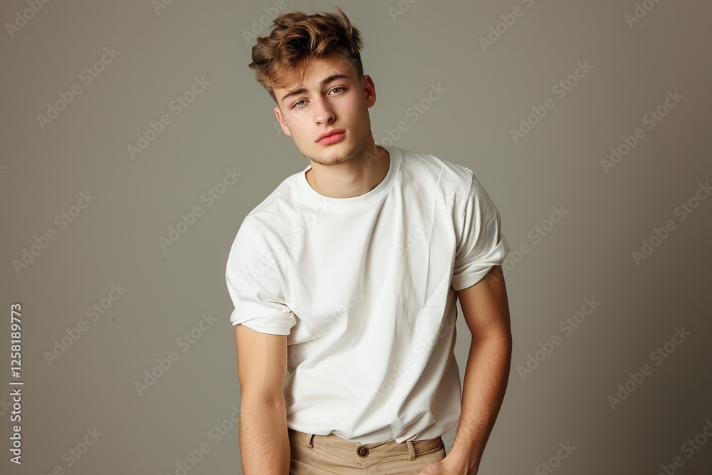 Portrait of a handsome young man in a white t-shirt on a gray background, Ai Generated
