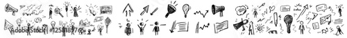 Business strategy and startup idea visualized through a doodle line icon set. Hand-drawn sketches in line style depict finance goals and concepts. Adorned with cute icons of a rocket, target, and