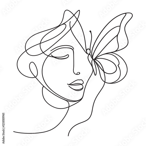 Woman head with butterfly composition. vector line-art illustration. One Line style drawing.