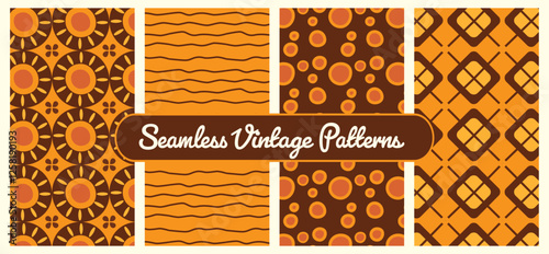 Vintage brown and warm orange seamless vector patterns including checkered pattern for clothing and flower, bubble and stripe patterns for stationary