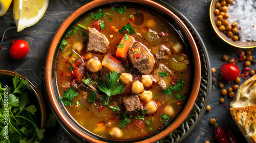 Top-down view of Algerian Harira soup with meat, chickpeas, and fresh herbs