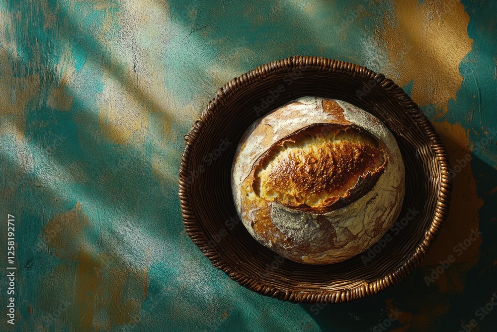 Artisan sourdough bread, golden crust, rustic setting, sunlit scene. Artisan sourdough bread, golden crust, rustic setting, sunlit scene.