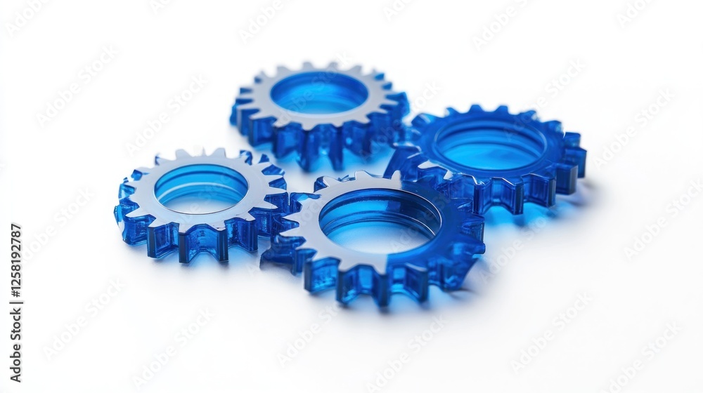 Blue glass gears interlock on white; teamwork concept Blue glass gears interlock on white; teamwork concept