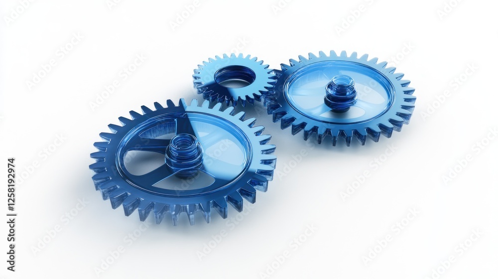 Blue glass gears interlock, teamwork concept Blue glass gears interlock, teamwork concept